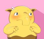  2022 3_fingers anthro black_eyes blush drowzee drunk_oak eyebrows eyelashes fingers flower_on_head front_view nintendo pink_background pok&eacute;mon pok&eacute;mon_(species) simple_background solo video_games yellow_ears yellow_fingers yellow_hands 