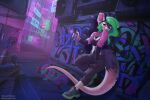  2022 5_fingers anthro breasts city clothed clothing detailed_background didelphid digital_media_(artwork) eyebrows eyelashes female fingers footwear graffiti green_hair hair iskra mammal marsupial night outside shoes smile solo standing 