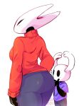  anthro arthropod blush bottomwear butt clothing denim denim_clothing duo female hanaarts hi_res hollow_knight hornet_(hollow_knight) insect jeans larger_female male male/female pants protagonist_(hollow_knight) shirt size_difference smaller_male sweater team_cherry topwear turtleneck video_games 