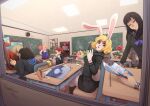  2boys 4girls ^_^ absurdres ahoge alternate_costume alternate_hairstyle animal_ears animal_nose artificial_flower bangs black_hair black_serafuku blonde_hair blush_stickers cake canvas_(object) carrot_(one_piece) carrying chair chalkboard classroom clock closed_eyes closed_mouth colored_skin contemporary cup desk dress fisheye food furry furry_female giolla hand_up height_difference highres holding holding_cup indoors kanjuro leaning_forward leaning_to_the_side long_hair long_nose long_sleeves looking_at_another looking_back medium_hair miniskirt miss_goldenweek multiple_boys multiple_girls mycrys neckerchief nico_robin one_piece orange_hair painting_(action) painting_(object) paper parted_lips pink_hair plate pleated_skirt rabbit_ears rabbit_girl rabbit_tail red_eyes red_hair sailor_collar school school_chair school_desk school_uniform serafuku sitting skirt sleeveless sleeveless_dress smile snout standing sunglasses tail tail_through_clothes teacher usopp wall_clock white_skin window 