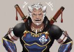  1boy armor batabiru beard brown_background chainmail closed_eyes copyright_request facial_hair facing_viewer forehead_tattoo jewelry laughing male_focus monster_hunter_(series) monster_hunter_rise necklace old old_man sheath sheathed simple_background solo sword upper_body weapon white_hair 