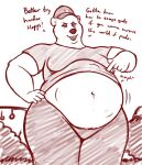  2022 5_fingers abdominal_bulge anthro belly big_belly bottomwear clothed clothing dialogue disney female fingers fur hand_on_hip hat headgear headwear hi_res major_friedkin mammal narrowed_eyes navel open_mouth outside oystercatcher7 pants poking polar_bear raised_clothing raised_shirt raised_topwear shirt soft_vore solo standing text topwear ursid ursine vore zootopia 