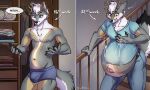  absurd_res anthro antlers bluewoman bodily_fluids bottomwear briefs bulge canid canine clothing fox hi_res horn inside lactating male mammal pants pregnant pregnant_male progression shelf shirt solo speech_bubble stairs standing text topwear underwear 
