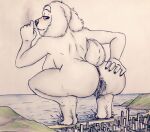  anthro anus beach bredlaybagordh canid canine canis city crouching domestic_dog female genitals looking_back macro mammal nude olannah pubes pussy raised_tail red_eyes sea seaside smoking solo spreading traditional_media_(artwork) water 