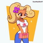  activision animated anthro big_breasts bottomwear breasts clothing coco_bandicoot computer crash_bandicoot_(series) denim denim_clothing eyelashes female flower fur hair jeans laptop long_hair pants plant ponytail scruffmuhgruff shirt solo sparkles topwear video_games 