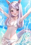  1girl absurdres alternate_costume armpits arms_up bikini blurry blurry_background breasts cleavage collarbone highres horse_girl long_hair looking_at_viewer mejiro_mcqueen_(umamusume) outdoors purple_eyes purple_hair rei_(ilust9999) revision sky small_breasts solo swimsuit umamusume water white_bikini 