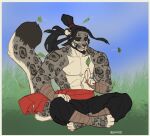  2022 4_toes 5_fingers abs anthro black_hair clothed clothing day detailed_background digital_media_(artwork) faint feet fingers grass hair male outside plant shirtless sitting sky solo toes 