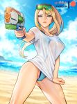  1girl artist_name beach blonde_hair blue_eyes blue_sky breasts closed_mouth cloud cloudy_sky day eyewear_on_head fingernails hand_up holding lips long_hair medium_breasts metroid mystra77 one-piece_swimsuit outdoors ponytail samus_aran sand see-through shiny shiny_skin shirt short_sleeves signature simple_background sky solo sunglasses swimsuit t-shirt thighs water_gun wet wet_clothes wet_shirt 