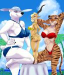  2022 3_toes 4_fingers akiric antelope anthro athletic athletic_anthro athletic_female barefoot bedroom_eyes big_breasts bikini bikini_bottom bikini_top black_nose black_stripes blonde_hair blue_bikini blue_clothing blue_eyes blue_swimwear bovid breasts butt claws cleavage clothed clothing disney eyeshadow feet felid female finger_claws fingers fur furniture gazelle gazelle_(zootopia) green_eyes group hair hand_on_hip hand_on_own_hip hands_behind_head hi_res hindpaw hooved_fingers hooves horn humanoid_hands looking_at_viewer looking_back looking_back_at_viewer major_friedkin makeup mammal multicolored_body multicolored_fur narrowed_eyes nipple_outline officer_fangmeyer on_one_leg on_table orange_body orange_fur pantherine paws pink_nose polar_bear raised_leg red_bikini red_clothing red_swimwear seductive smile standing standing_on_table strapless_bikini strapless_clothing strapless_swimwear striped_body striped_fur stripes sun_hat swimwear table tan_body tan_fur tiger toe_claws toes trio two_tone_body two_tone_fur ursid ursine white_body white_fur yellow_bikini yellow_clothing yellow_eyes yellow_swimwear zootopia 