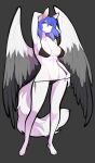  2022 anthro blue_hair breasts clothed clothing digital_media_(artwork) feathered_wings feathers feet female fingers grey_background hair midriff navel ni70 simple_background toes wings 