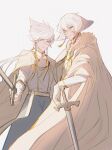  2boys absurdres alef_(sky:_children_of_the_light) alternate_costume bishounen blue_eyes bob_cut chromatic_aberration cowboy_shot daleth_(sky:_children_of_the_light) earrings grey_hair highres holding holding_sword holding_weapon inverted_bob jewelry long_sleeves looking_at_viewer male_focus moxiangwencun multiple_boys short_hair siblings sky:_children_of_the_light sleeve_cuffs spiked_hair standing sword tassel tassel_earrings twins uniform weapon white_background white_hair yellow_eyes 