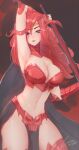  1girl absurdres adventurequest_worlds armor armor_removed black_background blue_eyes breasts cape gravelyn headband highres long_hair looking_at_viewer navel over_shoulder red_hair signature solo solo_focus stomach sword sword_over_shoulder thighhighs thighs weapon weapon_over_shoulder 