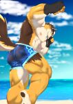  abs absurd_res anthro back_muscles barrel_(live-a-hero) bottomwear butt canid canine canis clothing hi_res lifewonders live-a-hero male mammal muscular muscular_anthro muscular_male nipples pecs sai_take seaside shorts solo swimwear video_games wolf 