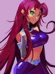 absurdres belt breasts colored_sclera colored_skin cowboy_shot dc_comics english_commentary green_eyes green_sclera highres long_hair looking_at_viewer medium_breasts midriff navel nem_graphics orange_skin red_hair skirt smile starfire teen_titans 