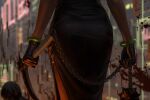  1girl 1other ass black_dress black_gloves blood blood_splatter blurry blurry_background building chain close-up corpse depth_of_field dress facing_away gloves guweiz highres holding holding_weapon indoors lower_body neon_lights original side_slit solo_focus spike_ball weapon window 