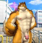  abs anthro balls barrel_(live-a-hero) canid canine canis foreskin genitals lifewonders live-a-hero male mammal muscular muscular_anthro muscular_male navel nazimi00 nipples nude pecs penis public public_nudity solo video_games wolf 