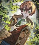  1boy blue_pants brown_coat brown_hair coat day gekka3539 green_eyes green_necktie hair_between_eyes highres leaf looking_at_viewer mahoutsukai_no_yakusoku male_focus mitile_flores necktie outdoors pants shirt solo sunlight sweater_vest white_shirt 