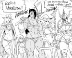  absurd_res armor baalbuddy bikini black_hair breast_size_difference breasts cleavage clothed clothing elf english_text female group hair halfling headgear helmet hi_res holding_axe human humanoid humanoid_pointy_ears mammal monochrome not_furry orc swimwear text 