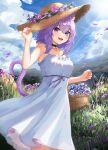  1girl :d animal_ears arm_up bangs bare_arms bare_shoulders basket black_choker blue_sky blush breasts cat_ears cat_girl cat_tail choker cleavage cloud cloudy_sky crossed_bangs day dot_nose dress falling_petals fang flower flower_basket grass hand_on_headwear hat hat_flower highres holding holding_basket hololive jeff_8046 medium_breasts medium_hair nature nekomata_okayu outdoors petals purple_eyes purple_hair purple_tail sidelocks sky smile solo spaghetti_strap straw_hat sundress sunlight tail virtual_youtuber white_dress wind 