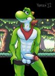  anthro balls bandanna bodily_fluids genital_fluids genitals green_body green_skin hi_res horsen kerchief looking_at_viewer male mario_bros muscular nintendo precum solo video_games yoshi 