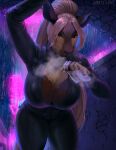 2022 5_fingers absurd_res anthro artist_name big_breasts breasts cigarette cleavage clothed clothing curvy_figure dark detailed_background eyebrows female fingers giraffid goatesque hair hi_res holding_cigarette holding_object huge_breasts long_hair looking_at_viewer mammal neon_sign night okapi sign smoke smoking solo thick_thighs voluptuous white_hair 