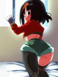  1girl ass asymmetrical_legwear bed belt black_eyes black_hair blush crop_top dragon_ball dragon_ball_heroes fingerless_gloves gloves green_shorts grey_gloves jacket looking_back open_clothes pan_(dragon_ball) pantyhose pose rom_(20) short_hair short_shorts shorts smile solo thighhighs window 