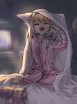  1girl absurdres animal_ears arknights blonde_hair blue_hairband bracelet clock fang fox_ears green_eyes hair_down hairband highres indoors jewelry long_hair long_sleeves looking_at_viewer morte_(arknights) multicolored_hair nuru_(ezvr2347) open_mouth pajamas pants pink_pajamas pink_pants pink_shirt rubbing_eyes shirt sitting solo streaked_hair suzuran_(arknights) tears under_covers waking_up wall_clock white_hair yokozuwari 