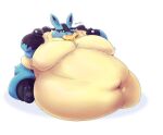 absurd_res ambiguous_gender anthro belly big_belly big_butt blush butt chubby_cheeks eating embarrassed floofymeister hi_res huge_moobs hyper hyper_belly love_handles lucario male moobs morbidly_obese nintendo obese overweight pok&eacute;mon pok&eacute;mon_(species) sitting solo video_games weight_gain 