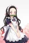  1girl absurdres apron bamboo bit_gag black_hair cherry_blossoms dress frills gag hair_ribbon highres kamado_nezuko kimetsu_no_yaiba long_hair looking_at_viewer maid maid_apron maid_headdress mouth_hold pink_eyes pink_ribbon pori_(kmt_pori) ribbon short_sleeves skirt solo twitter_username very_long_hair waist_apron 