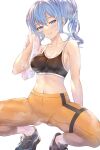  1girl absurdres ass_visible_through_thighs bangs blue_eyes blush breasts cleavage drying hair_between_eyes highres hololive honkivampy hoshimachi_suisei looking_at_viewer medium_breasts pants shoes side_ponytail smile solo sports_bra steaming_body sweat virtual_youtuber white_background 