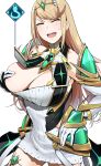  1girl armor bakkanki bangs black_gloves blonde_hair breasts chest_jewel cleavage closed_eyes clothes_lift dress elbow_gloves false_smile gameplay_mechanics gloves hand_on_hip hand_on_own_chest high_collar highres large_breasts long_hair looking_at_viewer mythra_(xenoblade) open_mouth short_dress solo sweatdrop swept_bangs thigh_strap tiara two-tone_gloves white_background white_dress white_gloves xenoblade_chronicles_(series) xenoblade_chronicles_2 yellow_eyes 