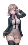  1girl bangs blazer blush bow bowtie breasts brown_hair buttons commentary_request danganronpa:_trigger_happy_havoc danganronpa_(series) dated fingernails hair_ornament hairclip hand_up jacket large_breasts long_sleeves looking_at_viewer nanami_chiaki open_clothes open_mouth pink_hair pleated_skirt shiny shiny_clothes shiny_hair shiny_skin shiro_albino short_hair simple_background skirt sleeves_past_wrists smile solo teeth thighhighs thighs white_background zettai_ryouiki 