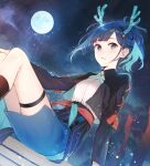  1girl animal_ears black_hair blue_hair hair_ornament hitoshiro_itsuki horns jacket long_hair looking_at_viewer ponytail smile versen virtual_youtuber weee_(raemz) 