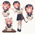  1girl :d absurdres animal_ear_fluff animal_ears bangs bangs_pinned_back blue_bow blue_bowtie blue_sailor_collar blue_skirt blush bow bowtie cat_ears cat_girl cat_tail closed_eyes desk diona_(genshin_impact) empty_eyes facing_viewer genshin_impact green_eyes hat highres holding holding_pen kneehighs lmonster_guai looking_at_viewer medium_hair midriff multiple_views paper pen pink_hair pleated_skirt sailor_collar school_desk school_uniform serafuku shaded_face shirt shoes short_sleeves simple_background skirt smile socks tail white_background white_shirt white_socks 