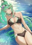  1girl bangs bikini black_bikini breasts chest_jewel cleavage clothes_writing elbow_rest fadingz green_eyes green_hair highres large_breasts leaning_back light_smile long_hair looking_at_viewer navel parted_lips partially_submerged pixiv_id pneuma_(xenoblade) ponytail signature sitting solo swept_bangs swimsuit tiara wet xenoblade_chronicles_(series) xenoblade_chronicles_2 