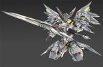  crack gradient gradient_background grey_background highres holding holding_sword holding_weapon lxkate mecha no_humans original robot scratches simple_background solo sword weapon wings yellow_eyes 