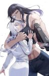  2girls abs black_hair blue_eyes breasts closed_eyes denim eyepatch gun handgun highres hug huge_breasts jeans jormungand koko_hekmatyar long_hair looking_at_viewer multiple_girls muscular muscular_female pants smoke smoking_gun sofia_valmer sunsirou tank_top weapon white_hair yellow_eyes yuri 