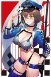  1girl azur_lane baltimore_(azur_lane) breasts brown_hair checkered_clothes choker cleavage clothing_cutout covered_nipples cowboy cowboy_western epaulettes female_pubic_hair flagpole gloves hat highleg highleg_panties highres holding holding_pole military_hat panties pole pubic_hair race_queen revealing_clothes salute short_hair single_glove single_thighhigh supurai thigh_strap thighhighs underwear yellow_eyes 