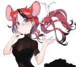  1girl alternate_hairstyle animal_ears black_dress black_hair blue_eyes breasts cleavage closed_mouth colored_tips dice_hair_ornament dress ear_piercing hair_behind_ear hair_between_eyes hair_ornament hakos_baelz hololive hololive_english inapple looking_at_viewer medium_breasts mouse_ears multicolored_hair multicolored_nails piercing red_hair see-through short_sleeves twintails upper_body virtual_youtuber white_background white_hair 