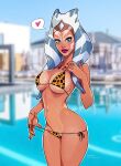  &lt;3 ahsoka_tano alien alien_humanoid animal_bikini animal_print bikini bikini_pull blue_eyes blurred_background bracelet breasts clothing clothing_pull eyelashes facial_markings female glistening glistening_breasts head_markings hi_res humanoid jewelry lekku_(anatomy) leopard_print looking_at_viewer markings navel necklace not_furry olenaminko pattern_clothing pattern_swimwear pictographics side-tie_bikini solo star_wars swimwear swimwear_pull togruta 