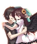  1boy 1girl ass black_shirt black_wings blush bow breasts brown_hair cheek_squash closed_eyes closed_mouth commentary commission dress flower frilled_dress frills green_bow hair_bow hair_flower hair_ornament highres hug large_breasts long_hair open_mouth petting reiuji_utsuho shirt short_hair short_sleeves smile sunflower sunflower_hair_ornament sunnysideup t-shirt touhou upper_body white_dress wings 