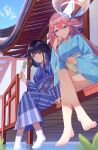  2girls absurdres alternate_costume animal_ears bare_legs barefoot blue_kimono breasts bright_pupils closed_mouth crossed_legs dango day dipping eating feet floppy_ears food fox_ears full_body genshin_impact hair_between_eyes hair_down hand_to_own_mouth highres holding holding_food japanese_clothes kimono lan_qiandai leaning_forward long_hair looking_at_viewer medium_breasts multiple_girls no_earrings no_hair_ornament obi outdoors parted_lips pink_hair purple_eyes purple_hair purple_nails raiden_shogun ripples sanshoku_dango sash short_kimono shrine sitting skewer smile striped striped_kimono tabi toes vertical_stripes very_long_hair wagashi white_footwear wide_sleeves yae_miko yukata 