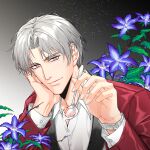  1boy absurdres charlie_su flower formal gradient gradient_background grey_background grey_hair hand_on_own_cheek hand_on_own_face highres holding holding_spoon light_and_night_love long_sleeves looking_at_viewer male_focus purple_eyes red_suit spoon suit taishu watch wristwatch 