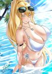  1girl absurdres ahoge artoria_pendragon_(fate) artoria_pendragon_(swimsuit_ruler)_(fate) bangs bare_shoulders beach bikini blonde_hair blue_sky blush braid breasts cleavage collarbone eyewear_on_head fate/grand_order fate_(series) flower french_braid green_eyes hair_between_eyes hair_flower hair_ornament highres jewelry large_breasts long_hair looking_at_viewer navel necklace ocean palm_tree parted_lips ponytail shiiki_(love-saber) sidelocks sky solo sunglasses swimsuit thighs tree wading wet white_bikini 