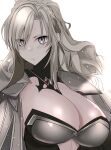  1girl alternate_breast_size armor bangs blonde_hair blush braid breasts cleavage cleavage_cutout clothing_cutout eyes_visible_through_hair fate/grand_order fate_(series) gem grey_eyes kankitsu_kei kriemhild_(fate) large_breasts looking_at_viewer red_gemstone simple_background solo swept_bangs upper_body white_background 