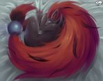  absurd_res anthro barely_visible_breasts bed black_body black_fur blue_eyes bodily_fluids breasts canid canine crying curled_up female fur furniture hair hi_res inner_ear_fluff kyuq looking_at_viewer mammal nintendo on_bed orb pok&eacute;mon pok&eacute;mon_(species) red_hair sad side_boob solo tears thick_thighs tuft video_games zoroark 