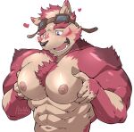  &lt;3 2022 abs anthro big_pecs blush bodily_fluids canid canine canis chardonnay_romancia clothed clothing domestic_dog eyewear figaro_(chardonnay_romancia) fur goggles hi_res maldu male mammal multicolored_body multicolored_fur muscular muscular_male navel pec_grasp pecs red_body red_fur simple_background smile solo sweat topless white_background 