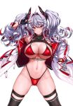  1girl ass_visible_through_thighs bikini breasts cleavage jacket large_breasts looking_at_viewer navel open_clothes open_jacket original red_bikini solo standing swimsuit thigh_strap thighs twintails ulrich_(tagaragakuin) white_hair yellow_eyes 