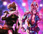  2boys animal_hood battle_tendency burmeoburmeo clenched_hand demon demon_boy driver_(kamen_rider) highres hood jojo_no_kimyou_na_bouken jojo_pose kamen_rider kamen_rider_revi kamen_rider_revice kamen_rider_vice multiple_boys open_hand pink_armor pink_scarf pose red_eyes revice_driver rex_genome scarf sharp_teeth sparkle_background teeth two-tone_background tyrannosaurus_rex vistamp 