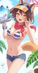  1girl :d absurdres animal_ear_fluff animal_ears bikini blue_archive blue_shorts blue_sky bottle breasts brown_hair cloud day denim denim_shorts fang fox_ears fox_girl fox_shadow_puppet fox_tail halo highres izuna_(blue_archive) izuna_(swimsuit)_(blue_archive) looking_at_viewer medium_breasts navel outdoors red_scarf scarf short_hair shorts skin_fang sky smile solo striped striped_bikini swimsuit tail takio_(kani_sama) unbuttoned unbuttoned_shorts visor_cap water_bottle yellow_eyes 